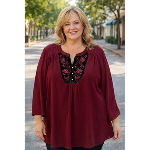 Catherines 2X Blouse Top Floral Velvet Accent Flowy Flared Sleeve Maroon Classic